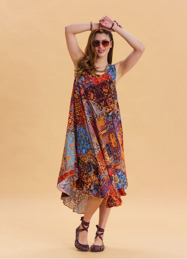 Boat Neck Loose Cut Orange Casual Dress 4665